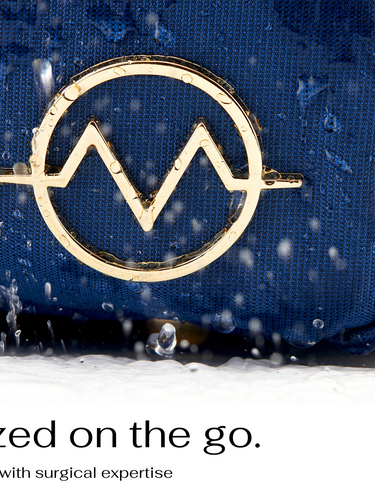 Versimed gold metal logo closeup on waterproof doctor work bag 